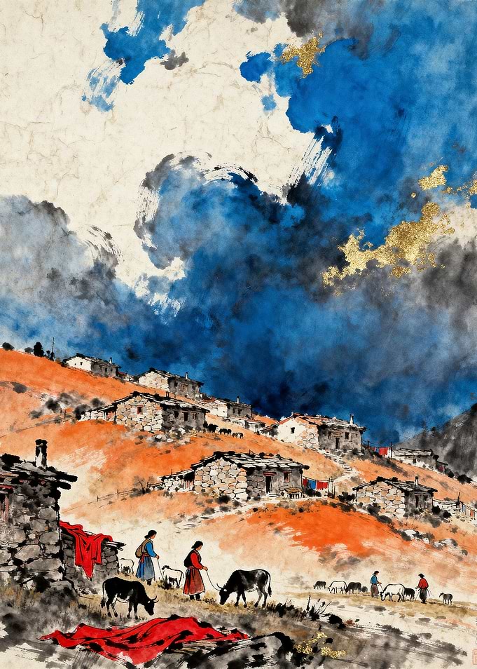 Mountain Village with Figures and Livestock