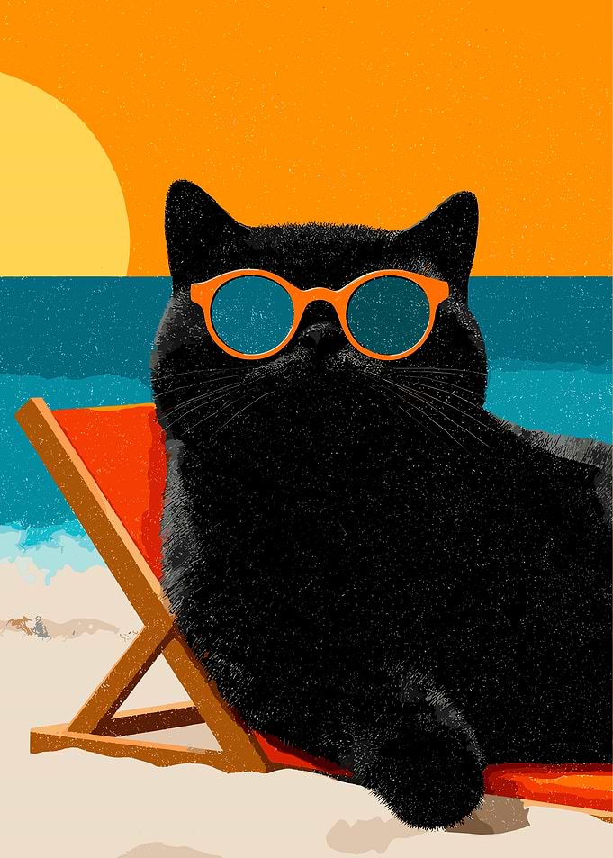 Black Cat on Beach with Sunglasses
