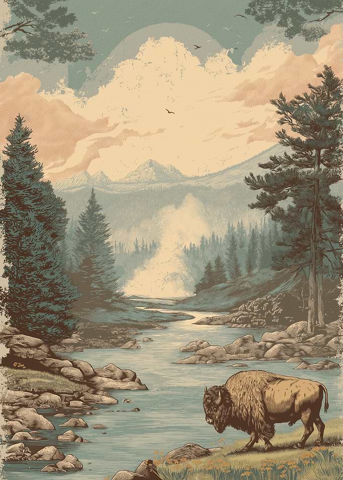 Bison by a Mountain River