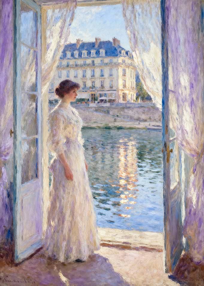 Woman in white dress by the Seine