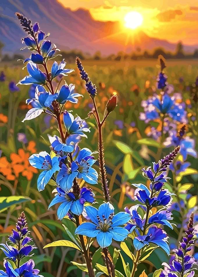 Blue Flowers in Sunset Field