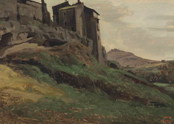 Hillside Village with Distant Mountains