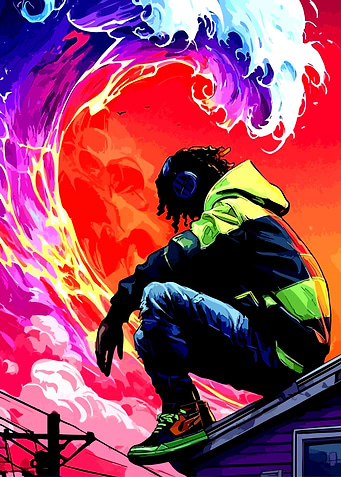 Man in Headphones Overlooking Abstract Wave