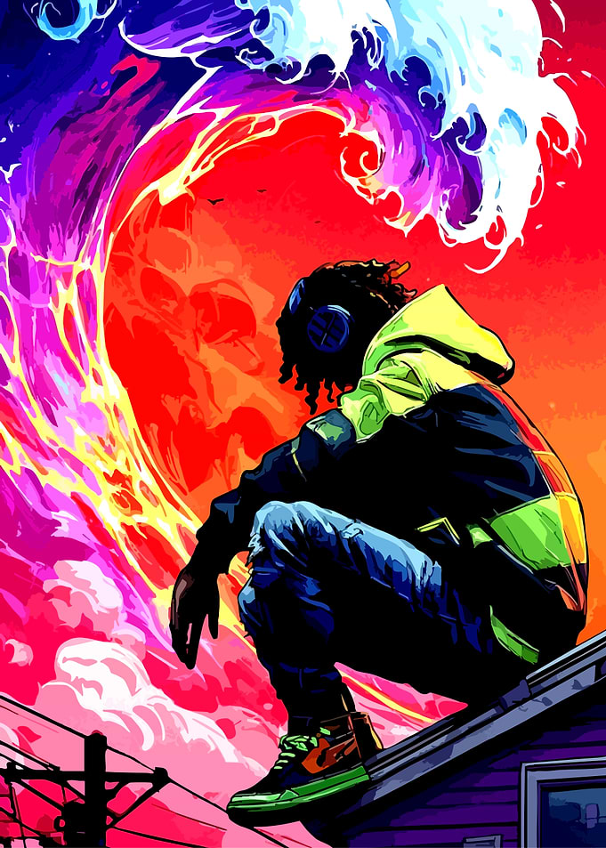 Man in Headphones Overlooking Abstract Wave