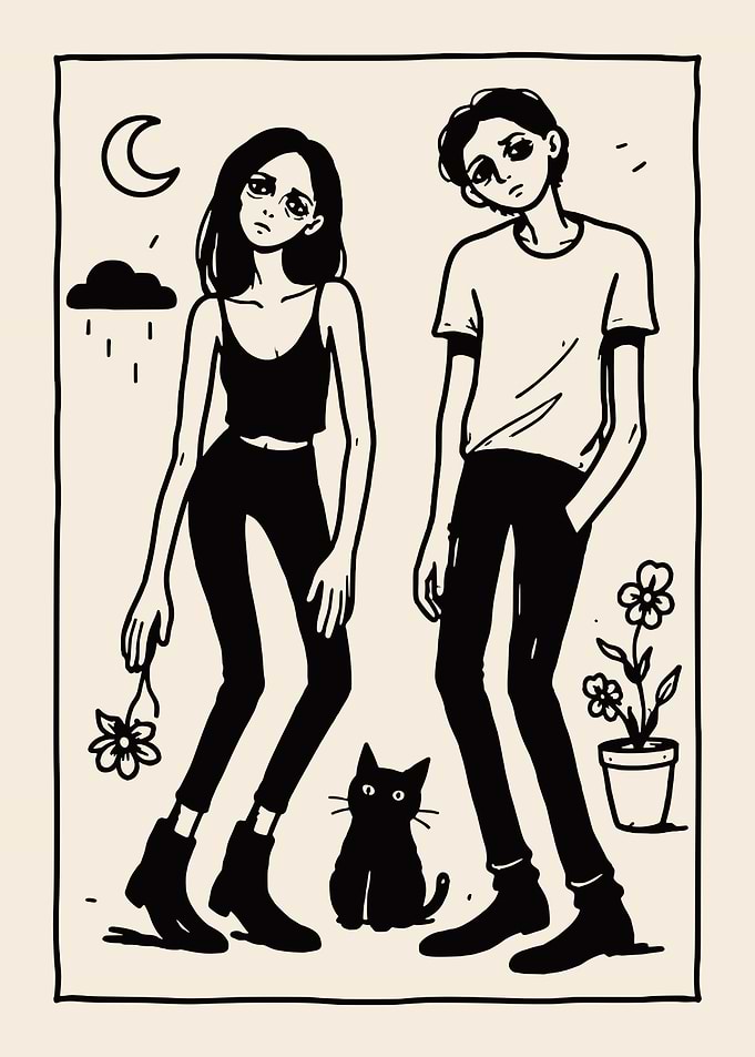 Sad Couple with Cat and Flowers