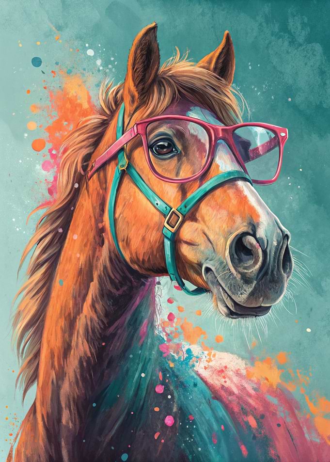 Artistic Horse with Glasses and Colorful Splashes