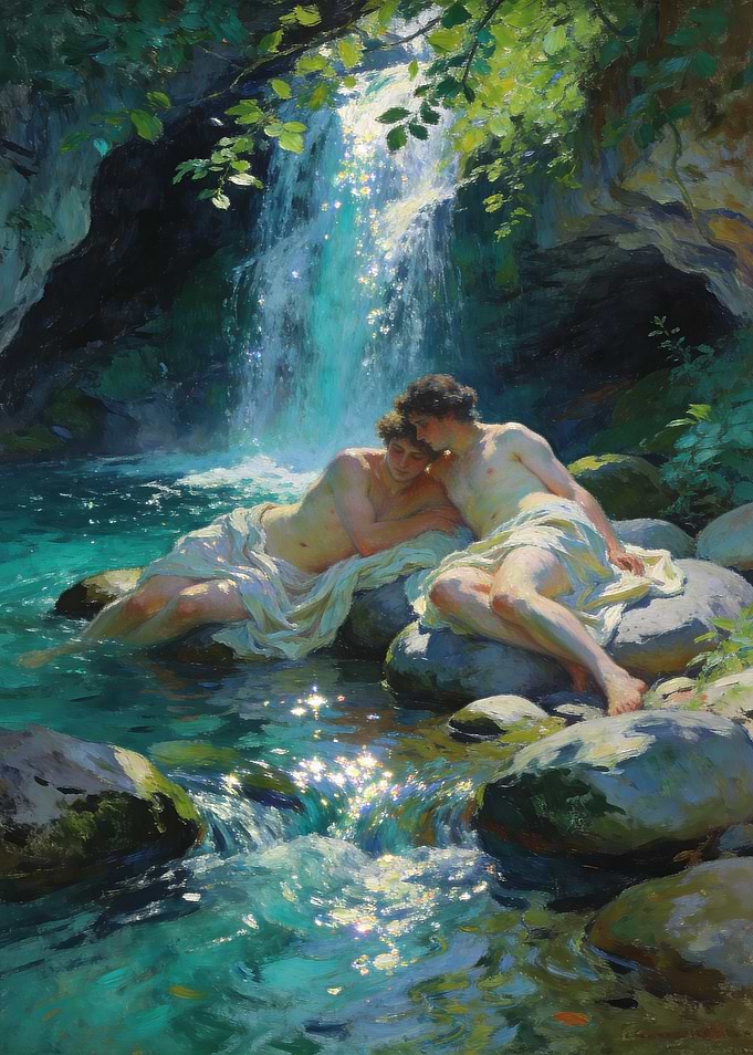 Two figures by a waterfall
