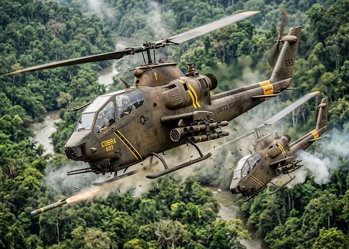 US Army Cobra Helicopters in Jungle Combat