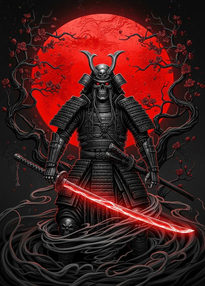 Samurai Skeleton Warrior with Red Moon