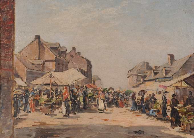 Bustling Market Scene with People and Buildings