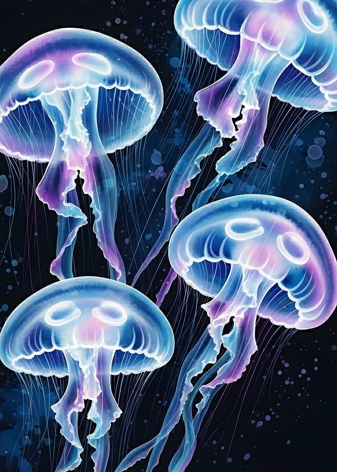 Glowing Jellyfish in Deep Blue Water