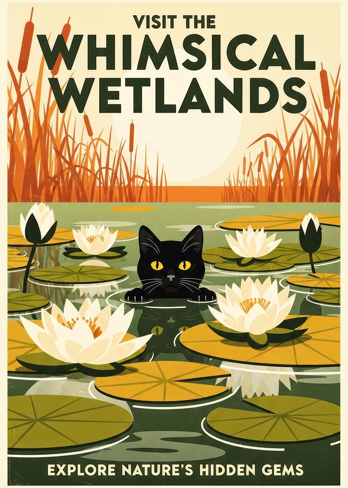 Whimsical Wetlands Black Cat Poster
