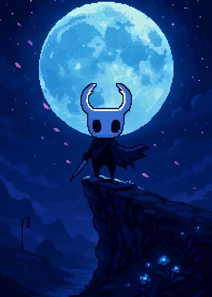 Hollow Knight on Cliff Under Moon
