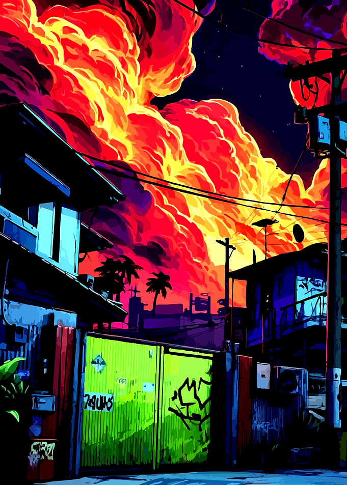 Cyberpunk Cityscape with Fiery Sky