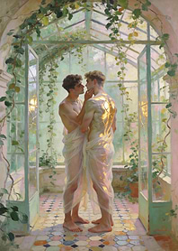 Two men in a greenhouse