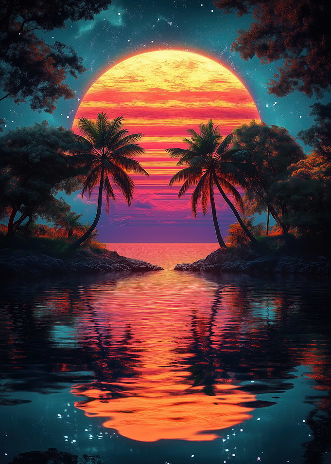 Pixel Art Tropical Sunset Reflection