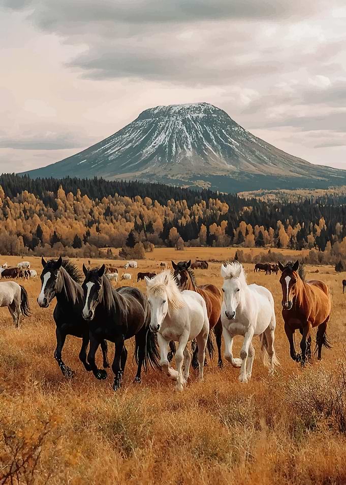 Horses running in a mountain landscape