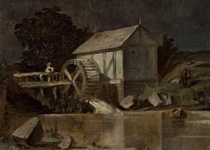 Watermill by a dark river