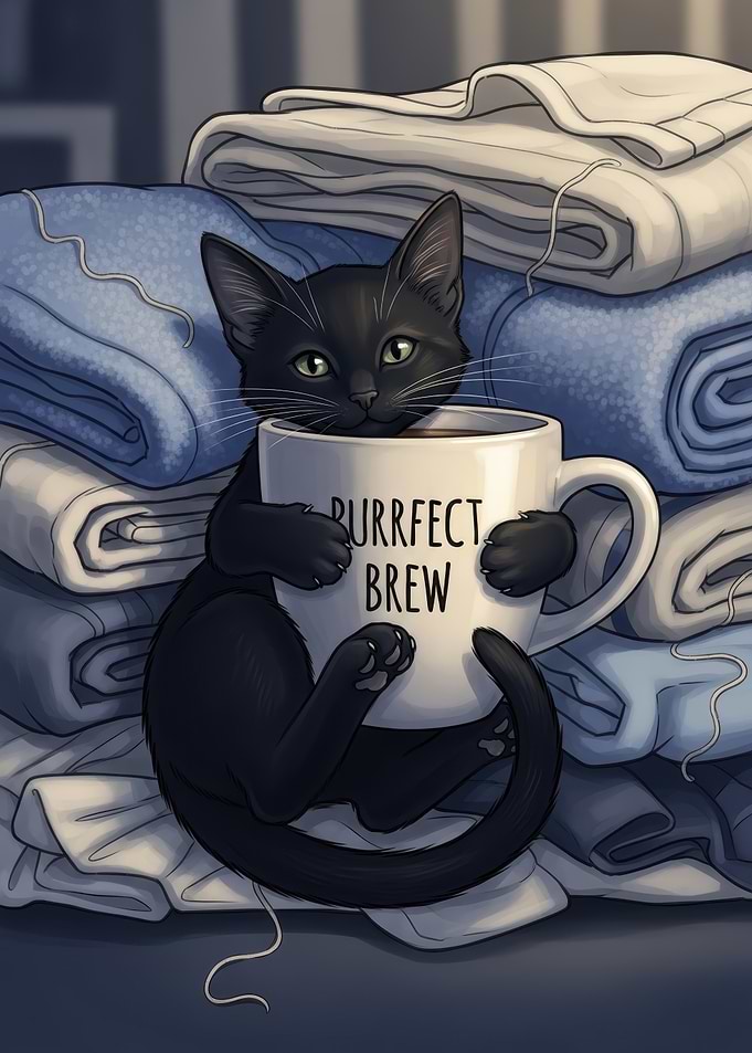 Black Cat with Coffee Mug