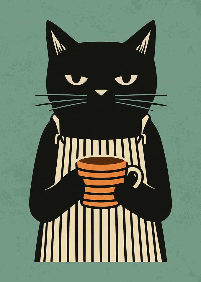 Black Cat with Coffee Mug