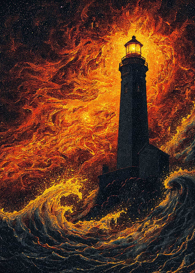 Lighthouse Stormy Sea Orange Sky