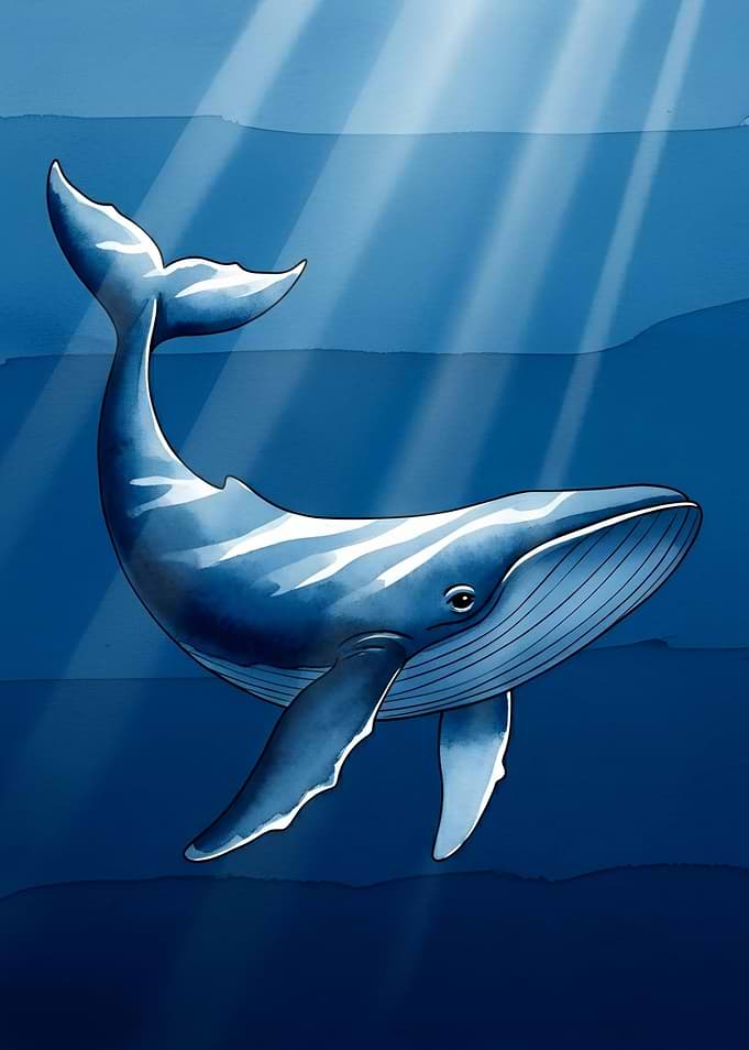 Blue Whale Swimming in Sunlit Ocean