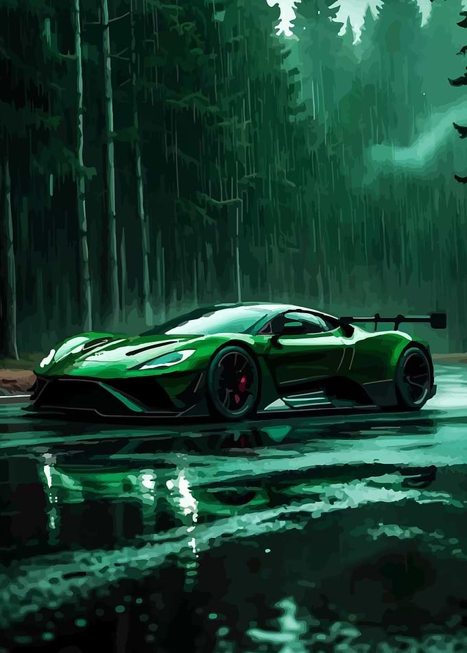 Green Sports Car in Forest