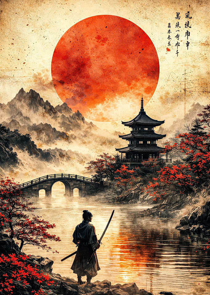 Samurai by a Japanese Temple
