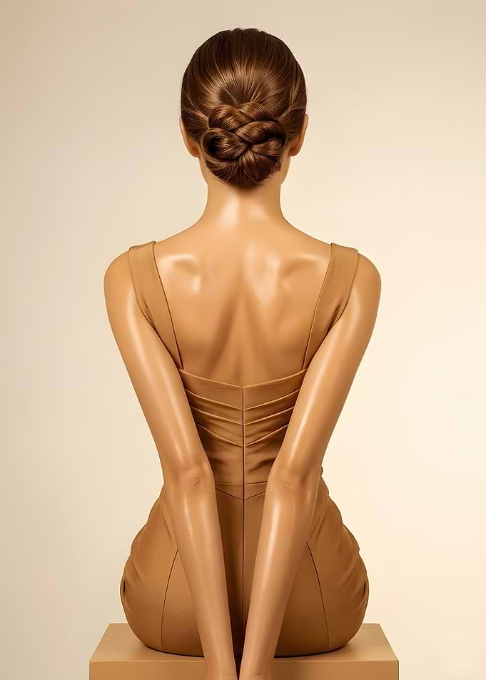 Woman in Tan Dress with Braided Updo