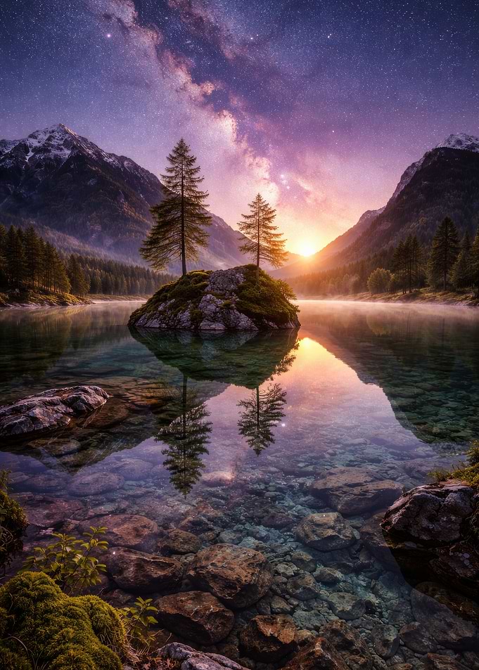 Mountain Lake Sunrise with Milky Way