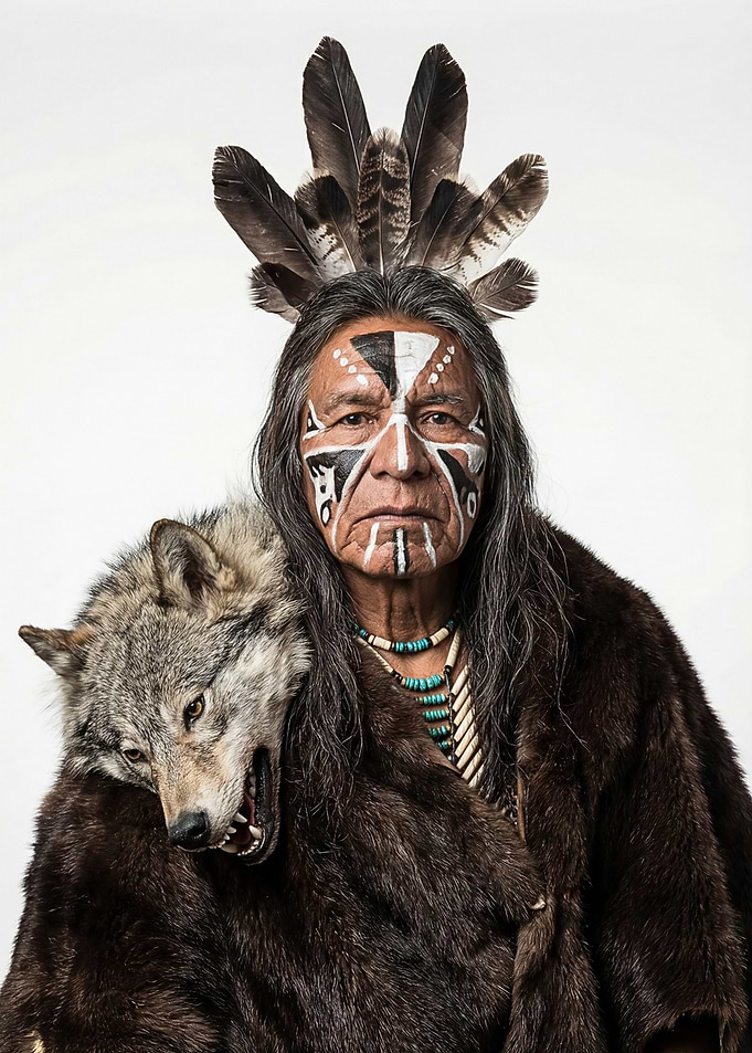 Native American Man with Wolf Headdress