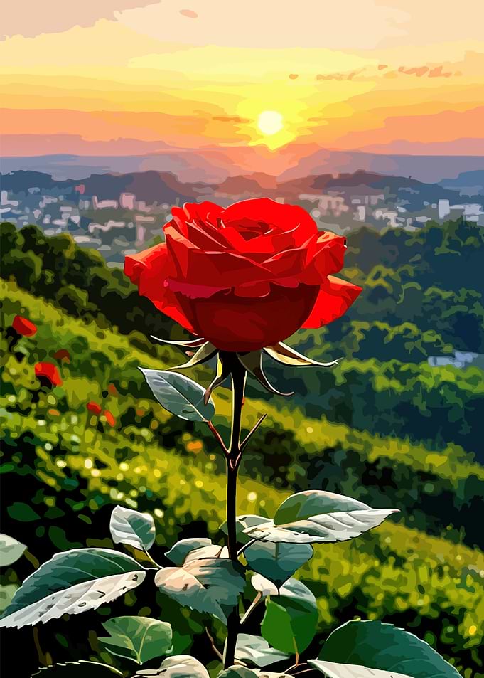 Red Rose at Sunset Landscape