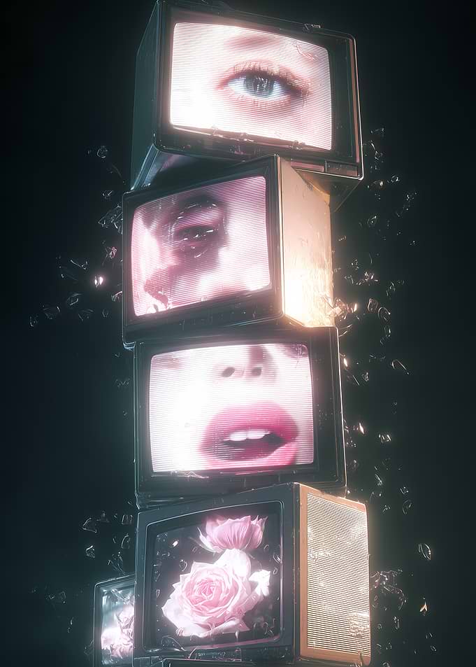 Stack of vintage TVs with abstract imagery