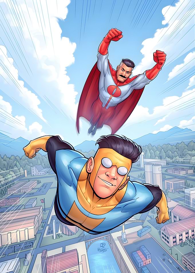 Invincible and Omni-Man flying over city