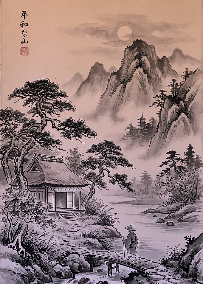 Monk crossing bridge in misty mountains