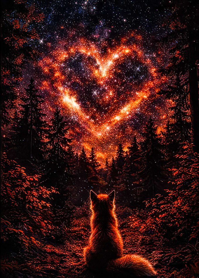 Fox Gazing at Starry Heart in Forest