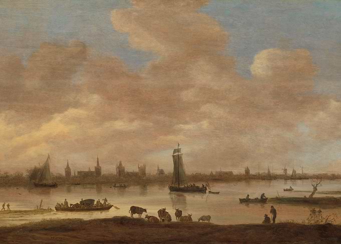 River scene with city skyline and cattle