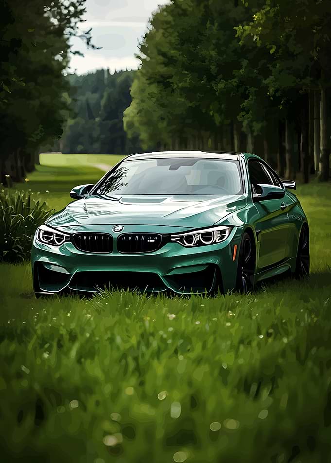 Green BMW M4 on a grassy road