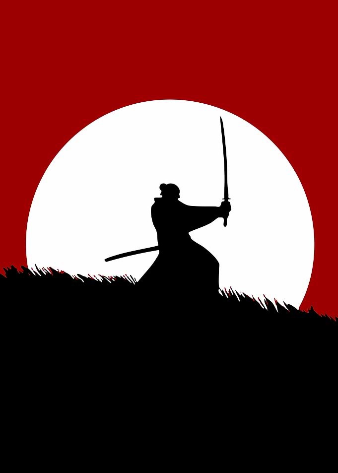 Samurai Silhouette Against a Large Moon