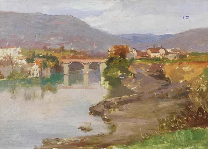Bridge over a River with Village