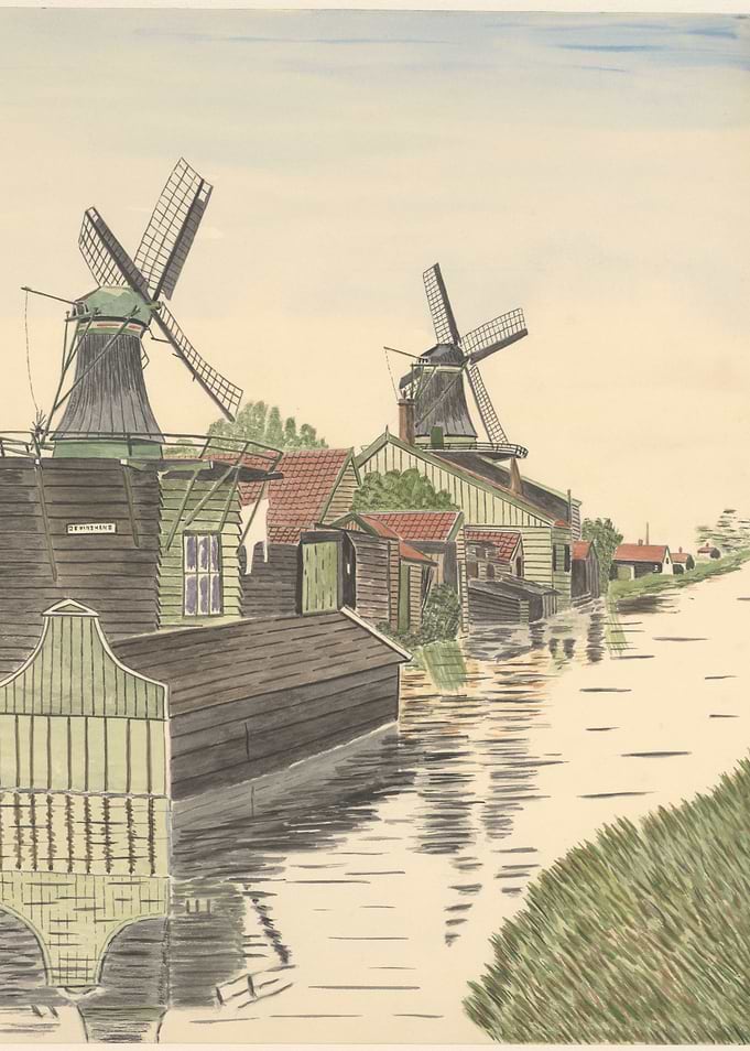 Dutch Windmills by a Canal