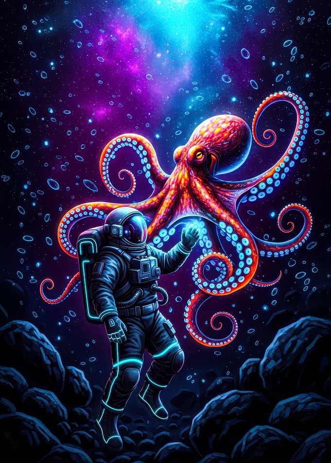 Astronaut and Octopus in Space