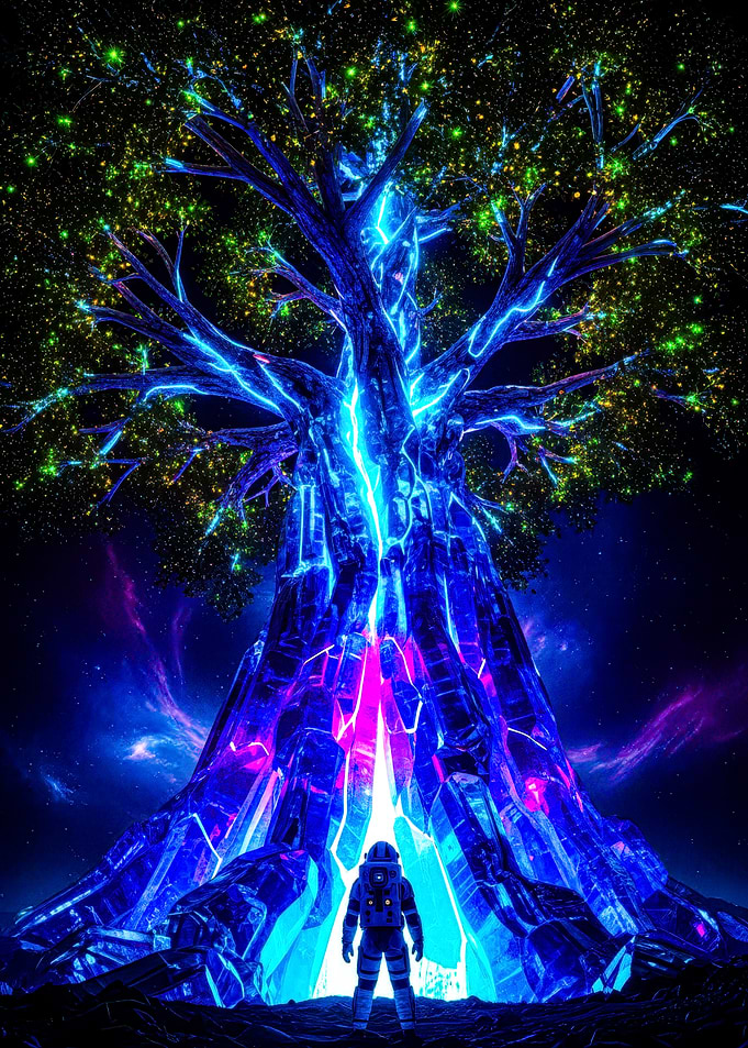 Astronaut and glowing cosmic tree