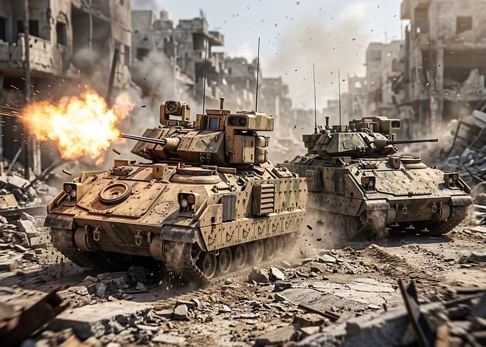 Tanks firing in a war-torn city