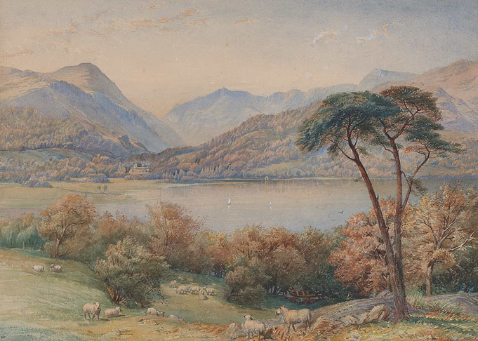 Watercolor Landscape of a Lake and Mountains