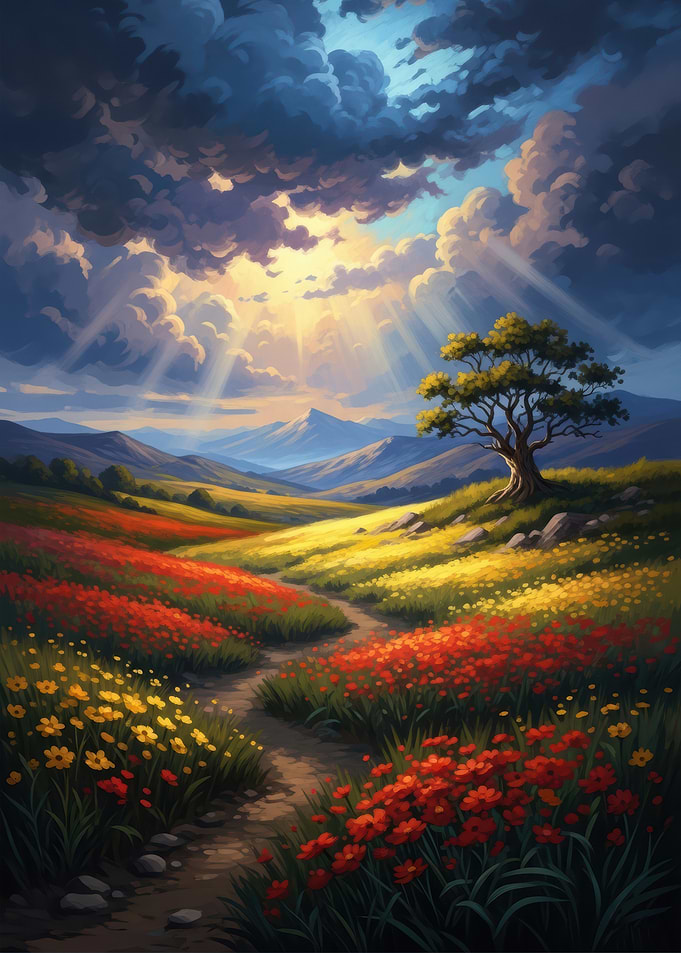 Sunlit Meadow with Mountains