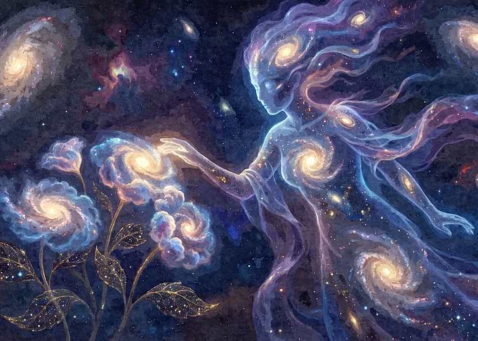 Cosmic Being and Galaxy Flowers