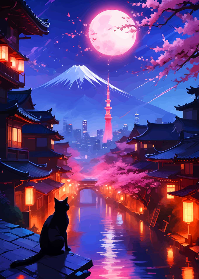 Anime Night Scene with Cat and Mount Fuji