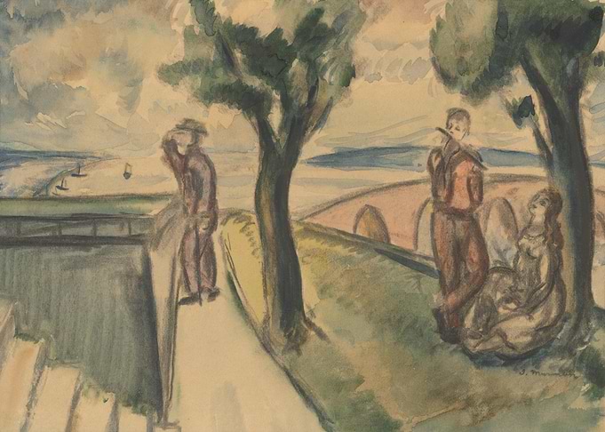 Figures by a River with a Bridge