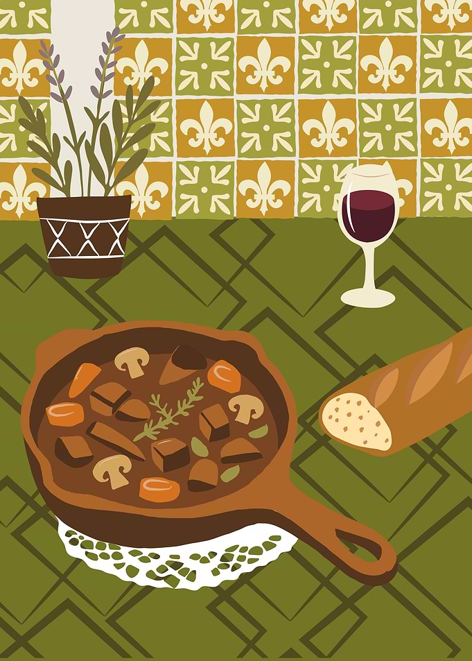 Hearty Stew with Bread and Wine
